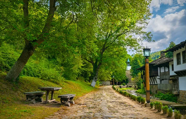 Небо, облака, деревья, мост, город, улица, башня, дома