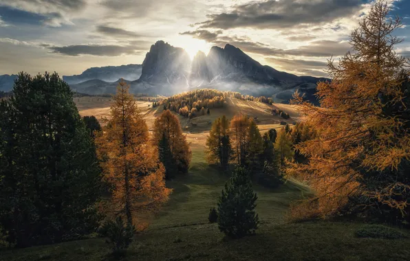 Осень, лес, солнце, облака, лучи, горы, холмы, вид