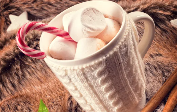 Конфеты, чашка, мех, корица, Christmas, сладкое, зефир, маршмеллоу