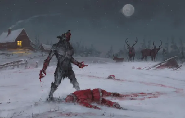 Dark, winter, merry christmas, wolf, santa claus, werewolf, merry Christmas to Santa