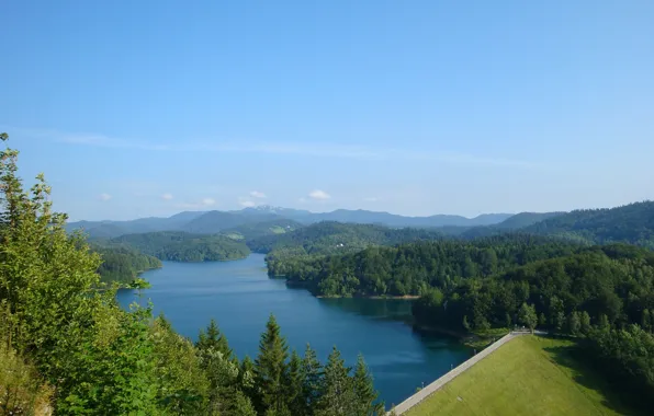 Дорога, лес, горы, река, Природа, forest, road, river