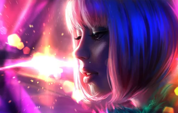 Картинка девушка, лицо, розовый, волосы, цвет, арт, губы, живопись