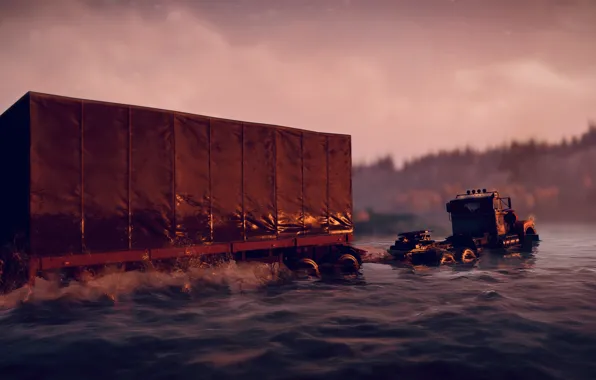 HDR, Wood, Water, Sunrise, Truck, Game, River, Flatbed Trailer