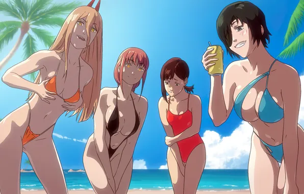 Power, beach, sea, girls, anime, artwork, bikini, Chainsaw Man