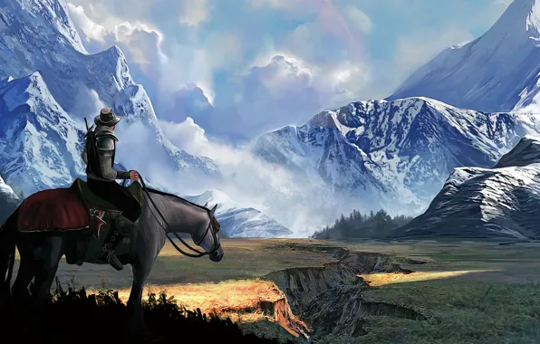 Картинка пейзаж, горы, конь, арт, наездник, мужчина