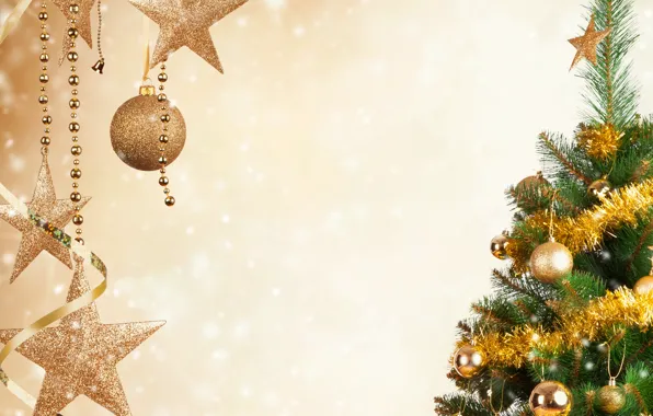 Картинка праздник, шары, игрушки, звезда, елка, Новый год, мишура, золотые