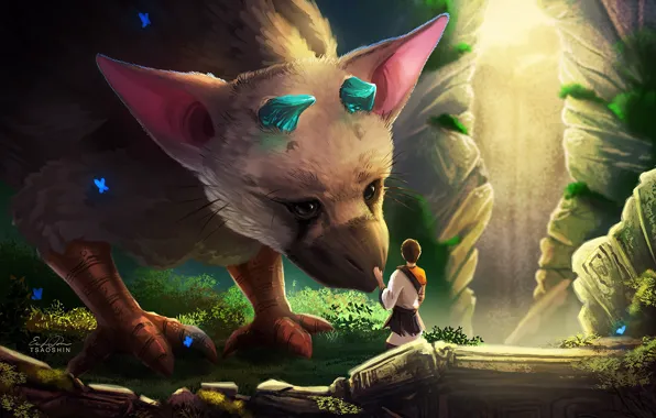 Game, boy, animal, human, vegetation, horn, The Last Guardian