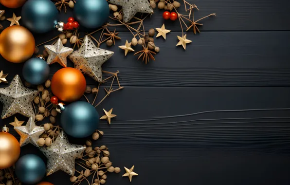 Картинка украшения, темный фон, шары, Новый Год, Рождество, dark, golden, new year