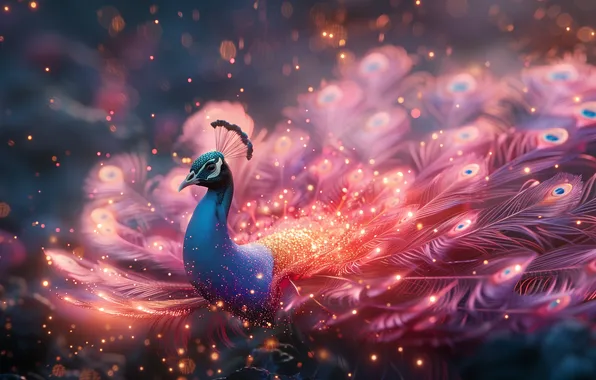 Картинка pink, peacock feathers, particle, AI art, peacocks