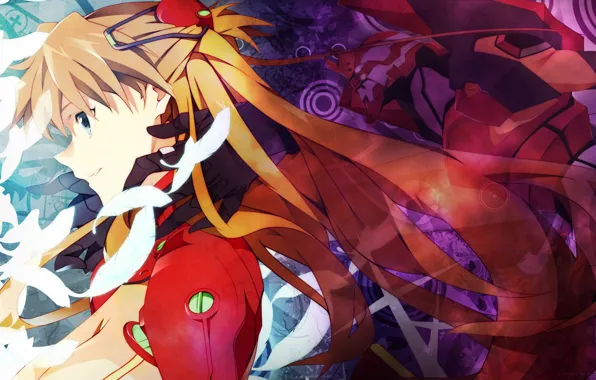 Перья, руки, декольте, профиль, рыжая, Neon Genesis Evangelion, art, Asuka Langley Soryu