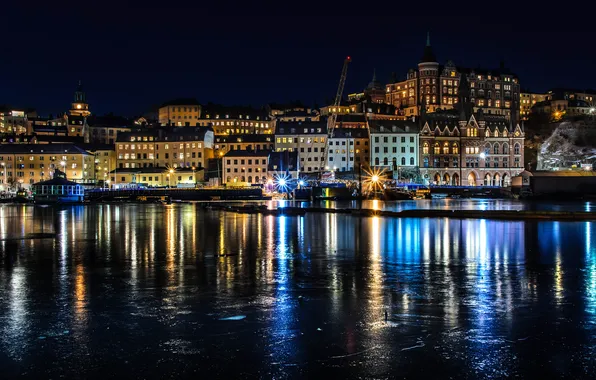 Картинка ночь, огни, отражение, Стокгольм, Швеция