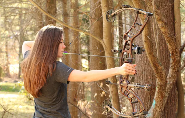 Forest, woman, archery, compound bow
