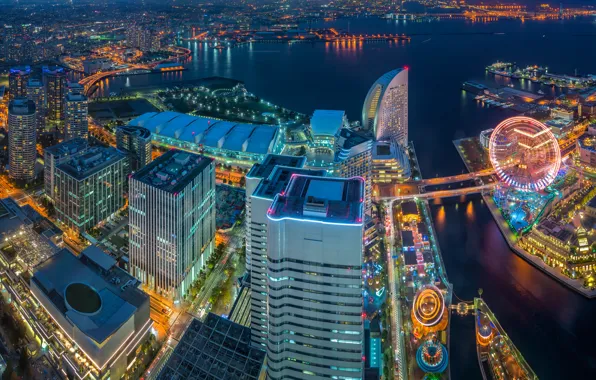 Здания, Япония, панорама, залив, Japan, ночной город, небоскрёбы, Yokohama