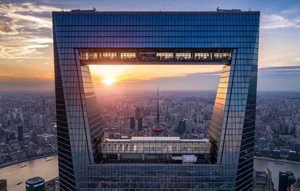 City, China, Shanghai, river, sky, sunset, clouds, skyscrapers