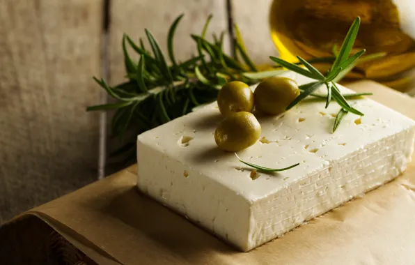 Еда, сыр, пергамент, оливки, кусок, боке, веточки, оливковое масло
