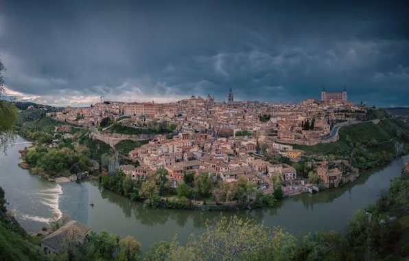 Река, здания, дома, панорама, Испания, Толедо, Spain, Toledo
