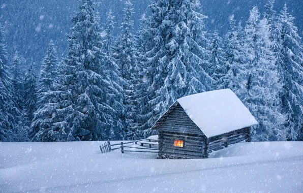 Картинка зима, снег, елки, домик, хижина, landscape, winter, snow