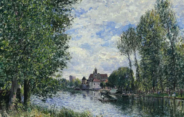 Картинка деревья, пейзаж, река, дома, картина, Alfred Sisley, Альфред Сислей, Лето в Морэ-сюр-Луэне