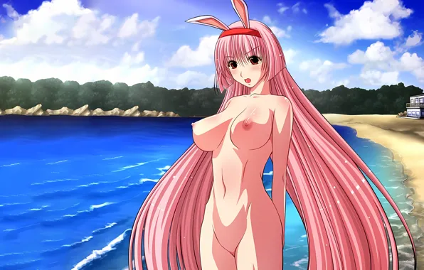Girl, sexy, beach, pink hair, erect nipples, sky, long hair, sea