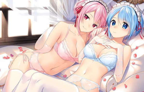 Sexy, lingerie, pantsu, bra, cleavage, panties, thighhighs, pink hair