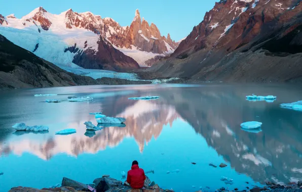 Лед, снег, горы, озеро, камни, Аргентина, Патагония, Cerro Torre