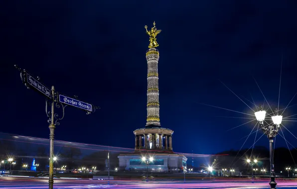 Картинка ночь, огни, Германия, Берлин, колонна победы