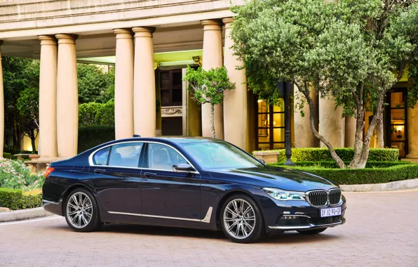 Дерево, газон, BMW, дорожка, фонтан, особняк, 730d