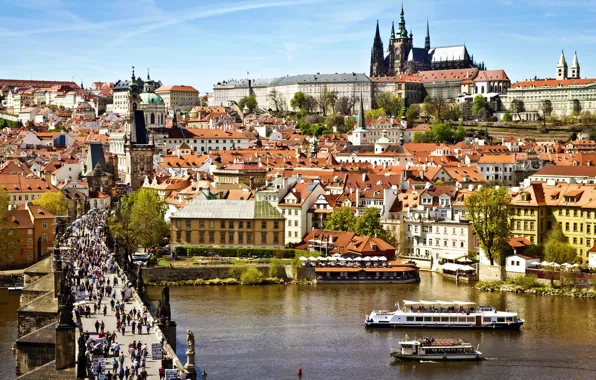 Город, река, люди, вид, здания, дома, крыши, Прага