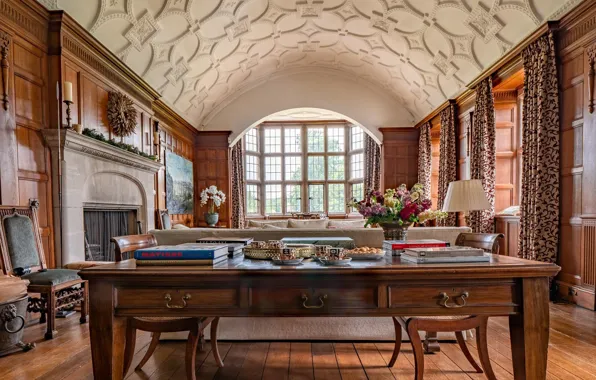 Дизайн, стиль, замок, интерьер, камин, гостиная, Shipton Court, first floor library