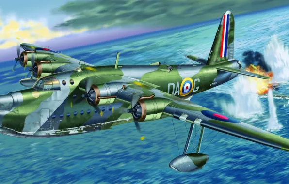 Картинка war, art, airplane, painting, ww2, Sunderland Mk.I