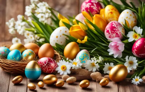Цветы, яйца, весна, colorful, Пасха, happy, flowers, spring