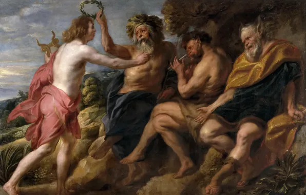 Картинка картина, мифология, Аполлон Побеждающий Пана, Якоб Йорданс