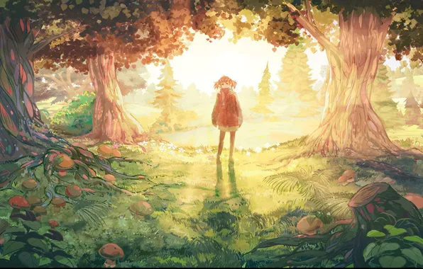 Картинка лес, деревья, арт, девочка