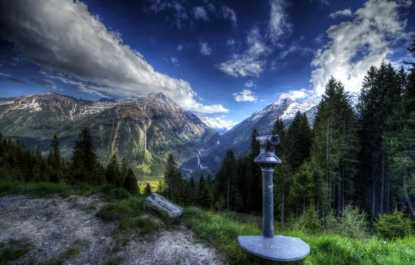 Картинка облака, деревья, горы, вид, Австрия, долина, hdr, водопады