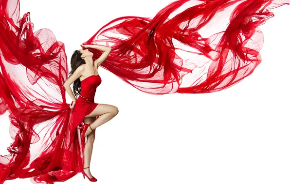 Девушка, поза, фон, ткань, каблуки, красное платье