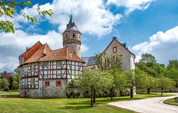 Небо, солнце, деревья, природа, замок, весна, Германия, Wolfenbüttel