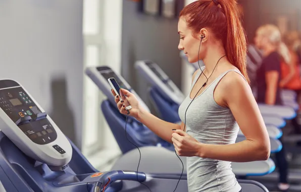 Woman, redhead, fitness, exercises, mobile device