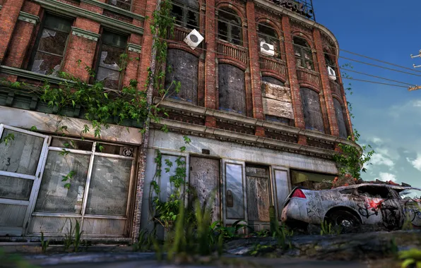 Здание, разрушение, автомобиль, запустение, Ruined City