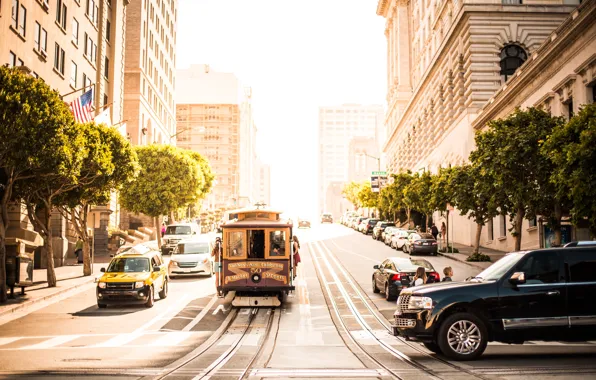 Город, машины, деревья, люди, трамвай, улица, San Francisco