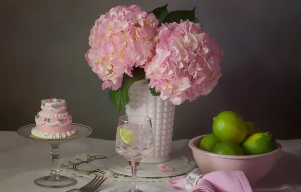 Цветы, стиль, розовая, бокал, лайм, пирожное, натюрморт, тортик