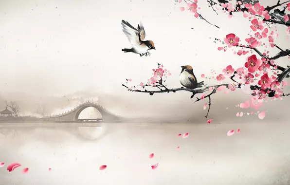 Картинка мост, туман, река, весна, утро, сакура, арт, птички