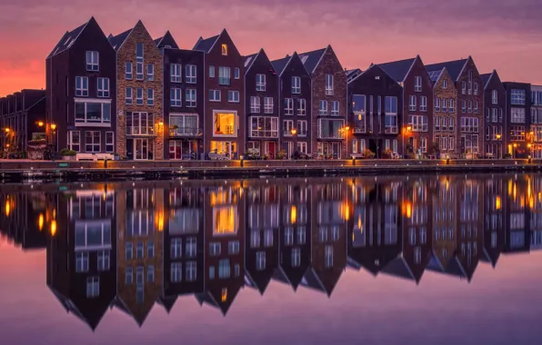 Картинка отражение, река, дома, утро, Амстердам, Нидерланды