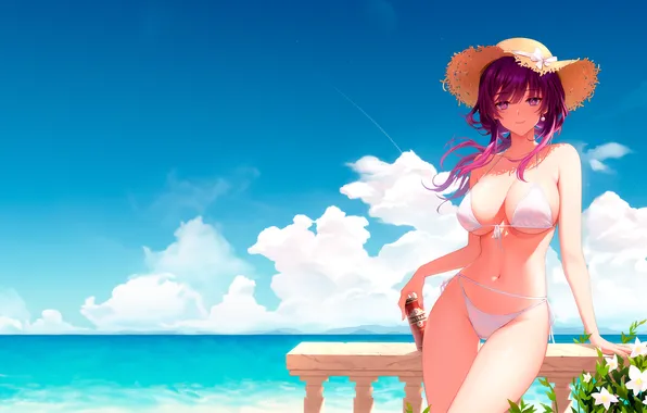 Картинка big boobs, bikini, smiling, standing, anime girls, purple hair, looking at viewer, Kafka (Honkai Star …