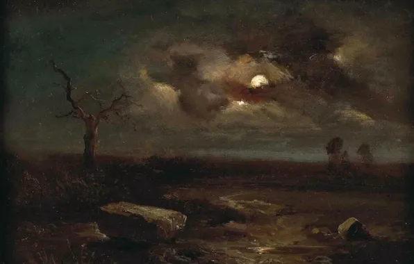 Ночь, камни, дерево, Пейзаж, Carl Gustav Carus, при лунном свете