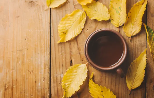 Картинка осень, листья, кофе, чашка, wood, autumn, leaves, cup