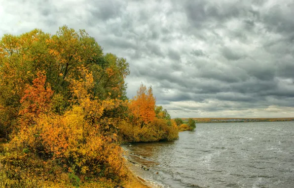 Картинка осень, деревья, тучи, река, пасмурно, берег, кусты