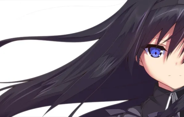 Лицо, белый фон, голубые глаза, длинные волосы, челка, senran kagura