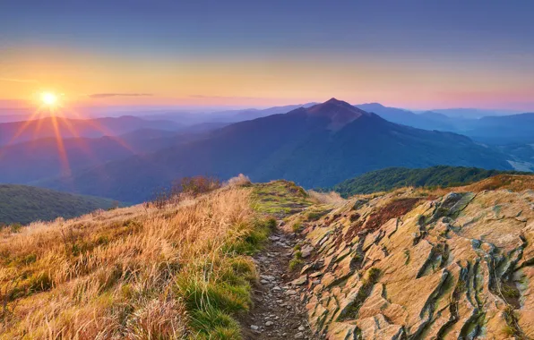 Картинка sky, landscape, nature, Sun, sunset, mountains, path, sun rays