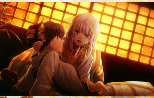 Свет, комната, окно, прическа, двое, прозрачная ткань, toki no kizuna, yukina suzumori