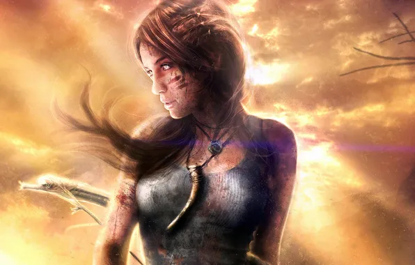 Картинка девушка, ветер, арт, Tomb Raider, клык, Lara Croft